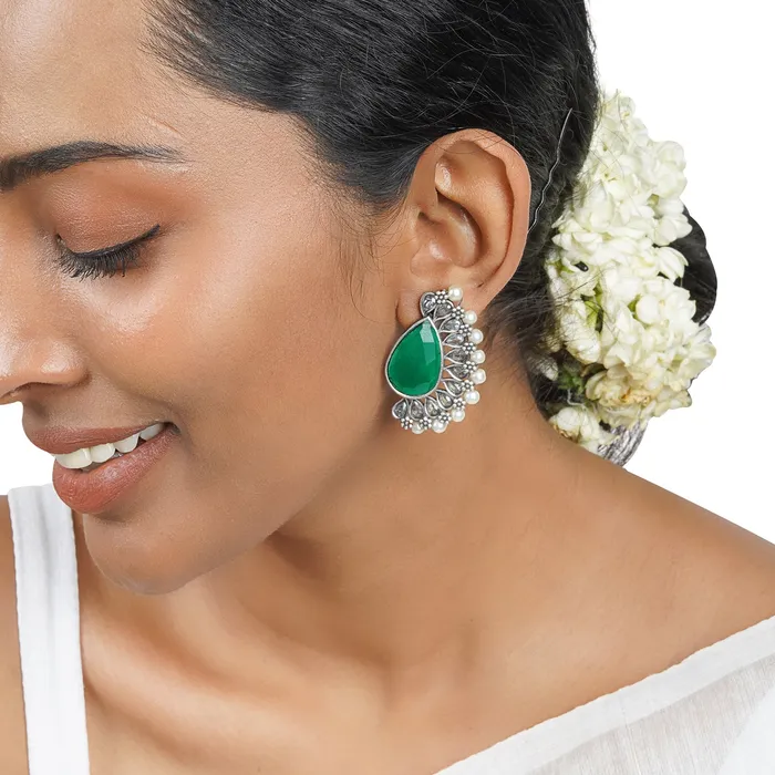 Earrings Teejh Mahir Dark Green Silver Oxidised Earrings Teejh