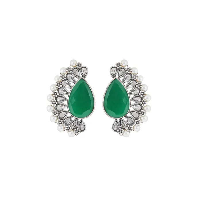 Earrings Teejh Mahir Dark Green Silver Oxidised Earrings Teejh