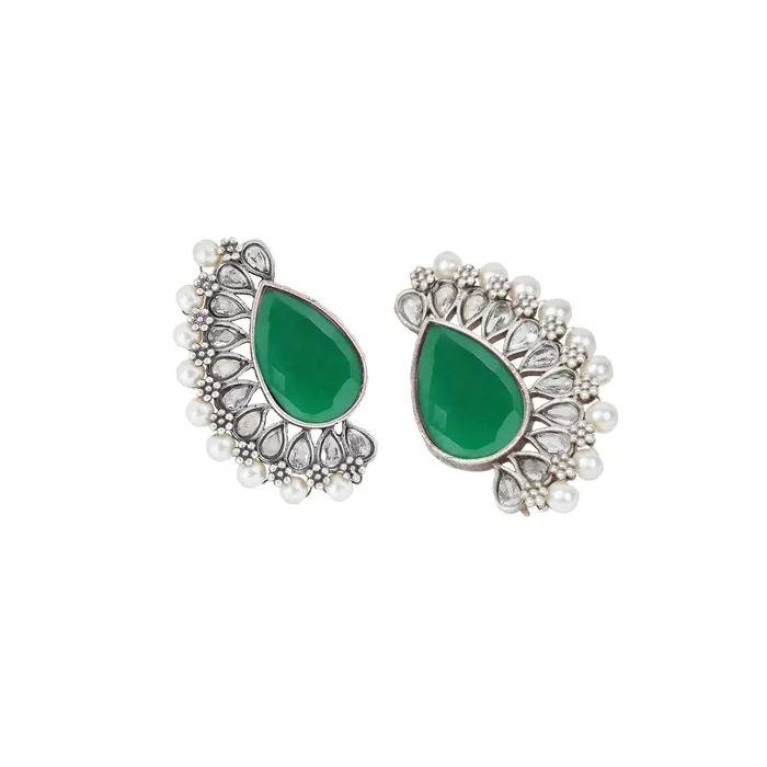 Earrings Teejh Mahir Dark Green Silver Oxidised Earrings Teejh