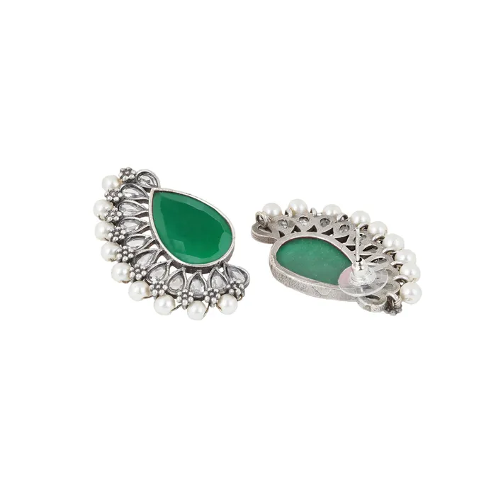 Earrings Teejh Mahir Dark Green Silver Oxidised Earrings Teejh