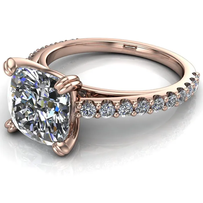 Fire Brilliance Rings Marnie Cushion Center Stone 4 Double Prong Diamond Cathedral Ring
