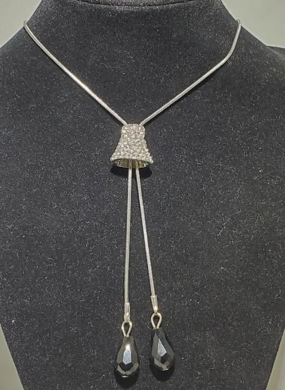 Necklaces polly N2083 Silver Rhinestone Bell Shape Black Gem Adjustable Sweater Necklace with FREE Earrings