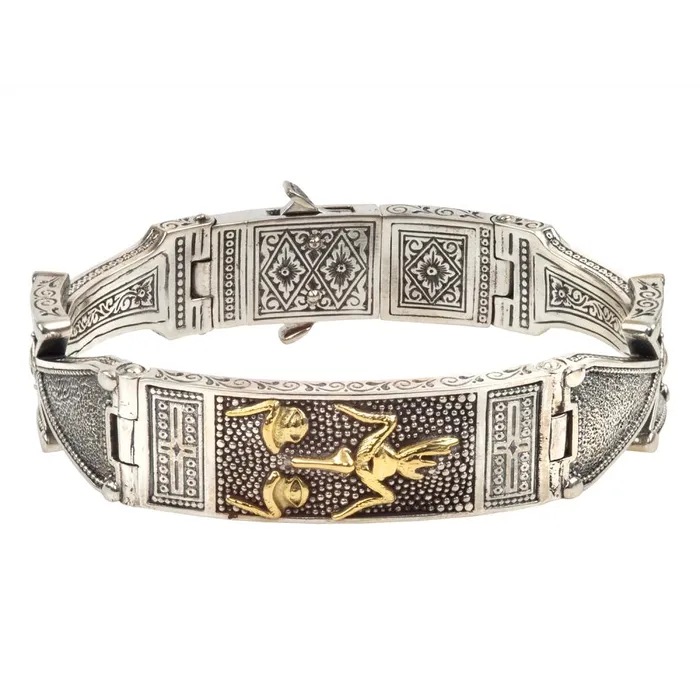 Konstantino Mens Stavros Silver and 18K Gold Etched Cuff Bracelet with Cross Sides and Accents Konstantino Bracelets