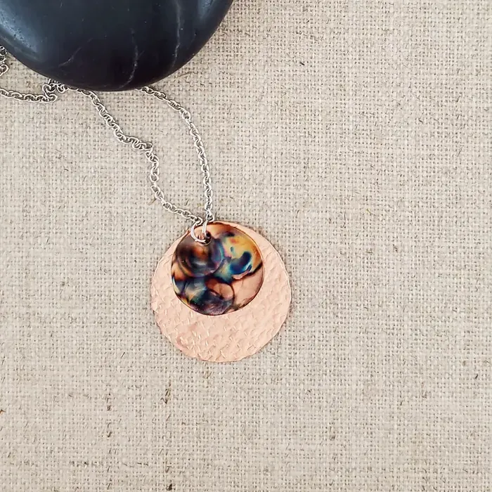 Small Circle Flame Painted Layered Copper Necklace Covaly Artisan Jewelry Necklaces