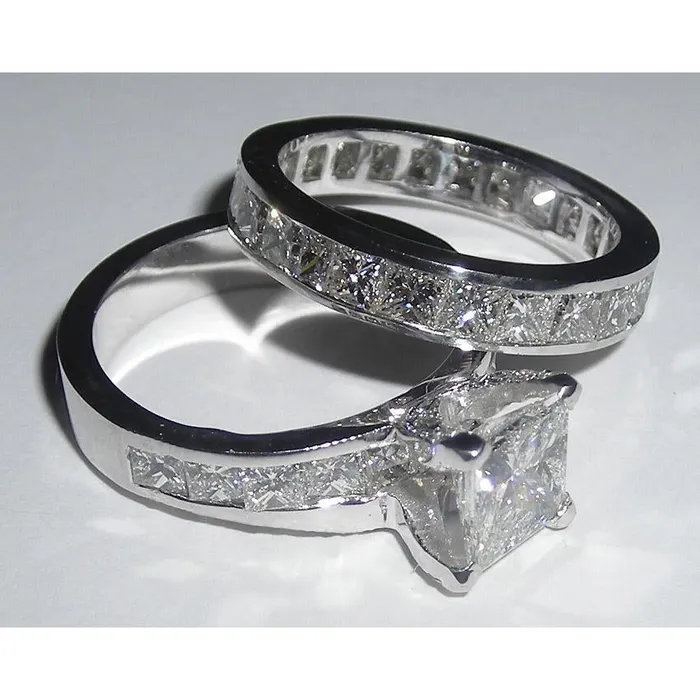 251 Carats Princess Cut Pave Natural Earth Mined Diamond Engagement Ring Set GB Rings