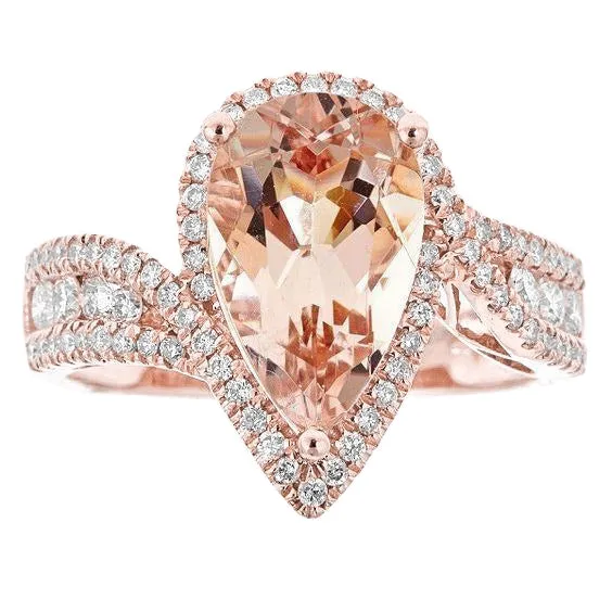 GB Rings 9 Carats Pear Morganite With Round Natural Earth Mined Diamonds Ring 14K Rose Gold GB Rings 9 Carats Pear Morganite With Round Natural Earth Mined Diamonds Ring 14K Rose Gold