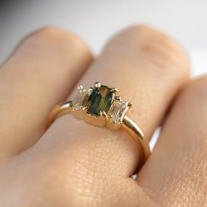 087ct Modern Elongated Cushion Australian Sapphire and Matching Diamond Three Stone Low Profile Ring in 18k Yellow Gold Armfest sapphires Rings