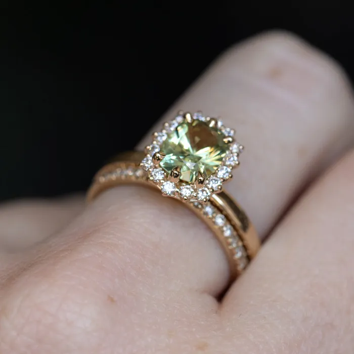 164ct Elongated Cushion Cut Green Montana Sapphire AntiqueStyle Diamond Halo Ring in 14k Green Gold Brume Rings
