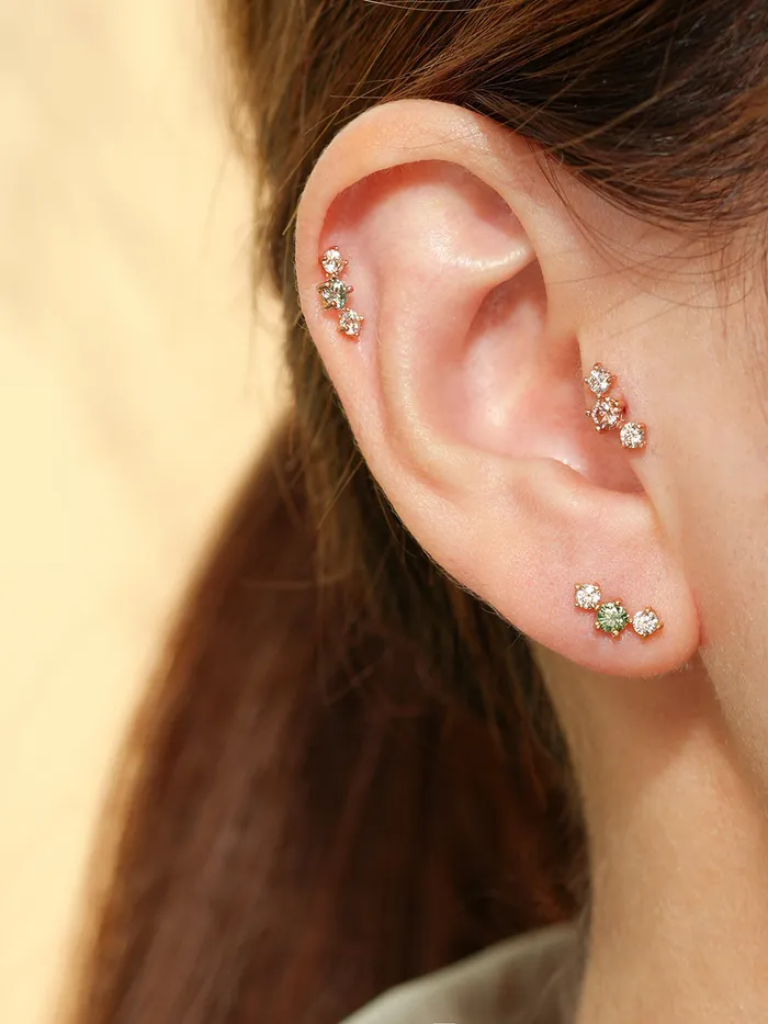 14K Gold Moissanite Triple Color Dia Cartilage Earring 20G18G16G MinimalBijoux Earrings