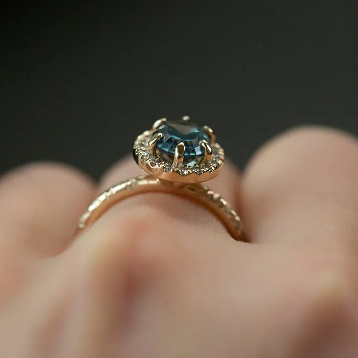 201ct Oval Teal Blue Sapphire and Six Prong Diamond Halo Ring in 14k Yellow Gold Anueva Jewelry Rings
