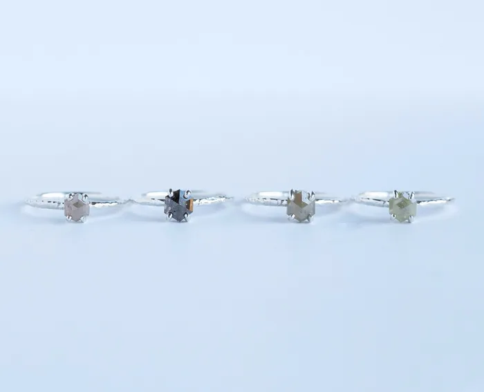 Anueva Jewelry Necklaces Silver Stocking Stuffers Size 6 Resizable Natural colored hexagon rustic diamonds in hand carved recycled silver prong setting by Anueva Jewelry