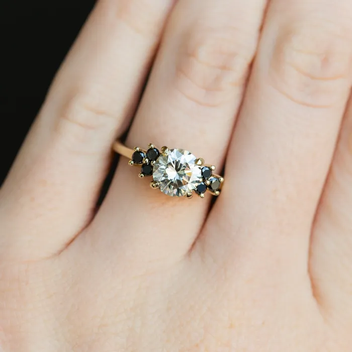Anueva Jewelry Rings Grey Moissanite and Black Diamond Side Stone Cluster Ring