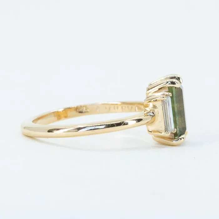 Michael Couch Rings 133ct Parti Green Emerald Cut Sapphire and Diamond Low Profile Three Stone Ring in 14k Yellow Gold