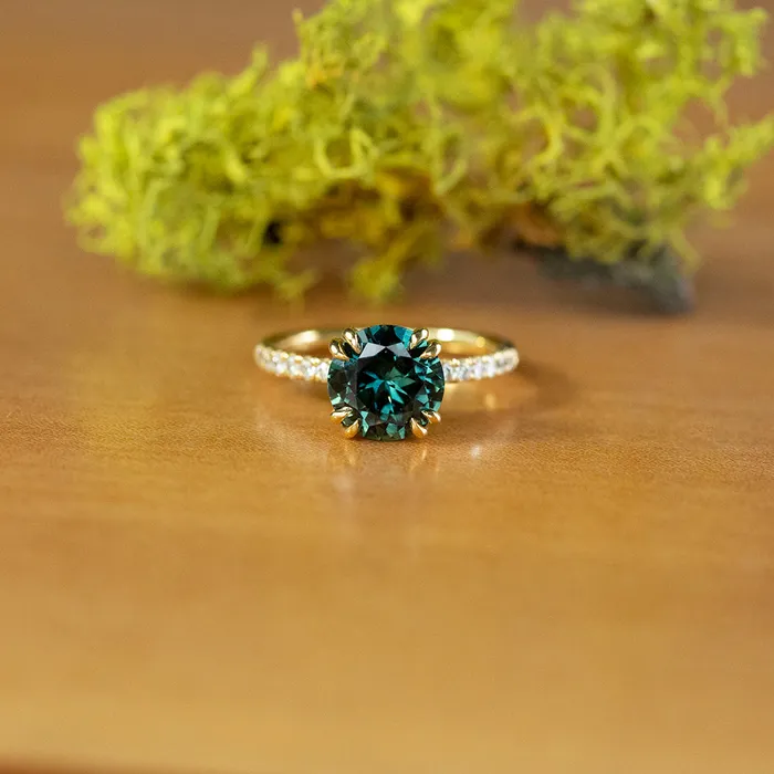 PreStyled Sets 276ct Round Teal Nigerian Sapphire Double Prong Solitaire with Diamonds in 18k Yellow Gold Anueva Jewelry