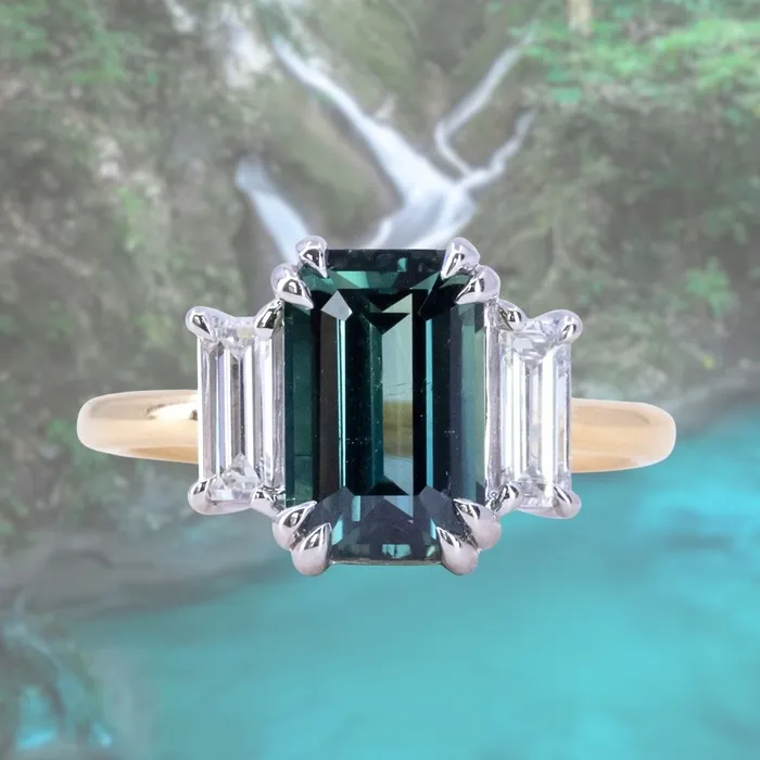 Rings 305ct Teal Emerald Cut Sapphire Three Stone Ring with Baguette Diamonds in Platinum 18k Yellow Gold Anueva Jewelry