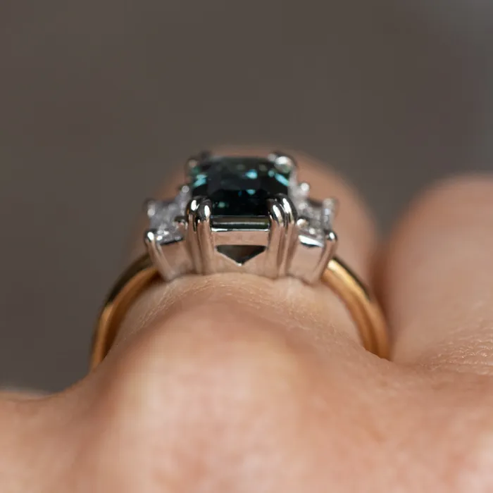 Rings 305ct Teal Emerald Cut Sapphire Three Stone Ring with Baguette Diamonds in Platinum 18k Yellow Gold Anueva Jewelry