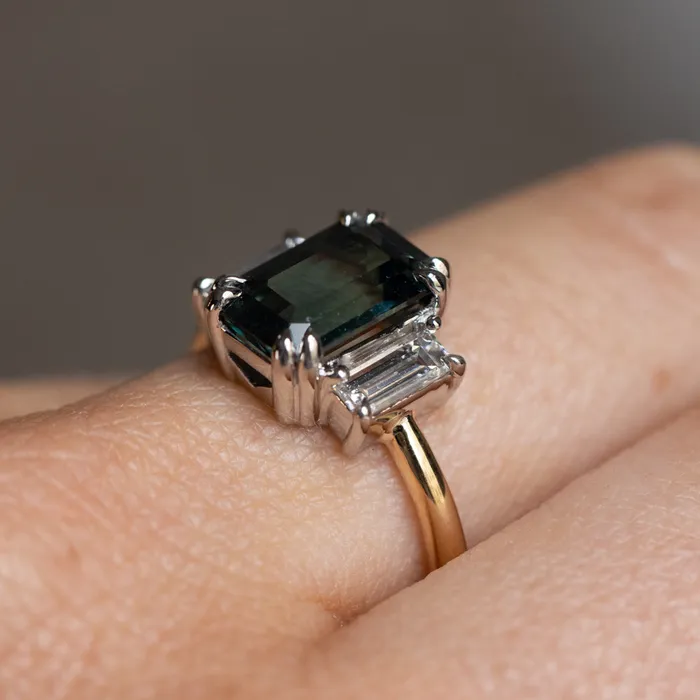 Rings 305ct Teal Emerald Cut Sapphire Three Stone Ring with Baguette Diamonds in Platinum 18k Yellow Gold Anueva Jewelry