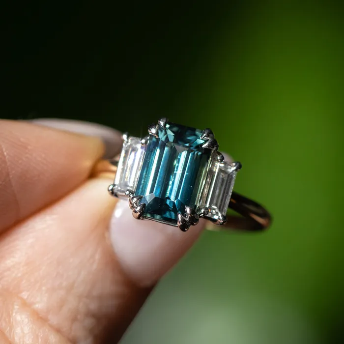 Rings 305ct Teal Emerald Cut Sapphire Three Stone Ring with Baguette Diamonds in Platinum 18k Yellow Gold Anueva Jewelry