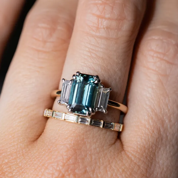Rings 305ct Teal Emerald Cut Sapphire Three Stone Ring with Baguette Diamonds in Platinum 18k Yellow Gold Anueva Jewelry