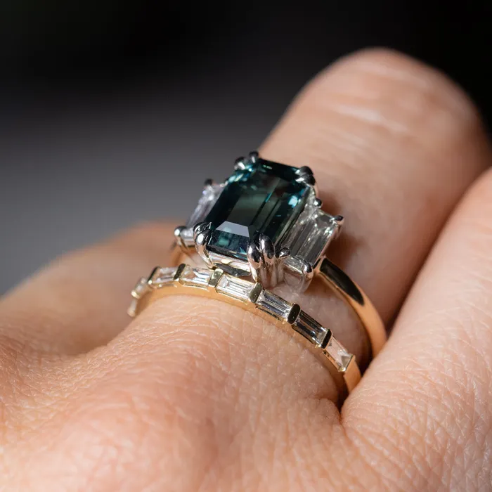 Rings 305ct Teal Emerald Cut Sapphire Three Stone Ring with Baguette Diamonds in Platinum 18k Yellow Gold Anueva Jewelry