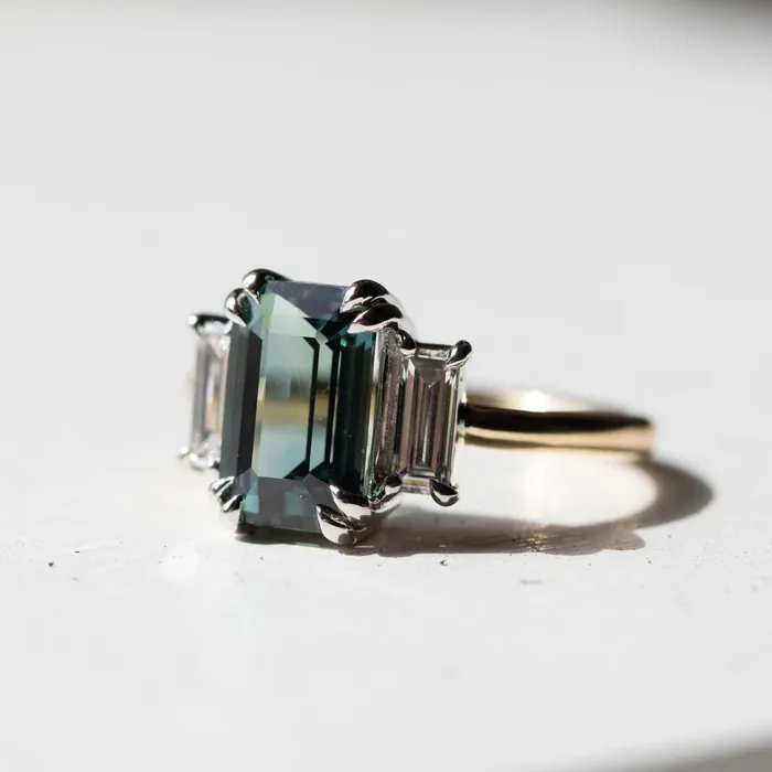 Rings 305ct Teal Emerald Cut Sapphire Three Stone Ring with Baguette Diamonds in Platinum 18k Yellow Gold Anueva Jewelry