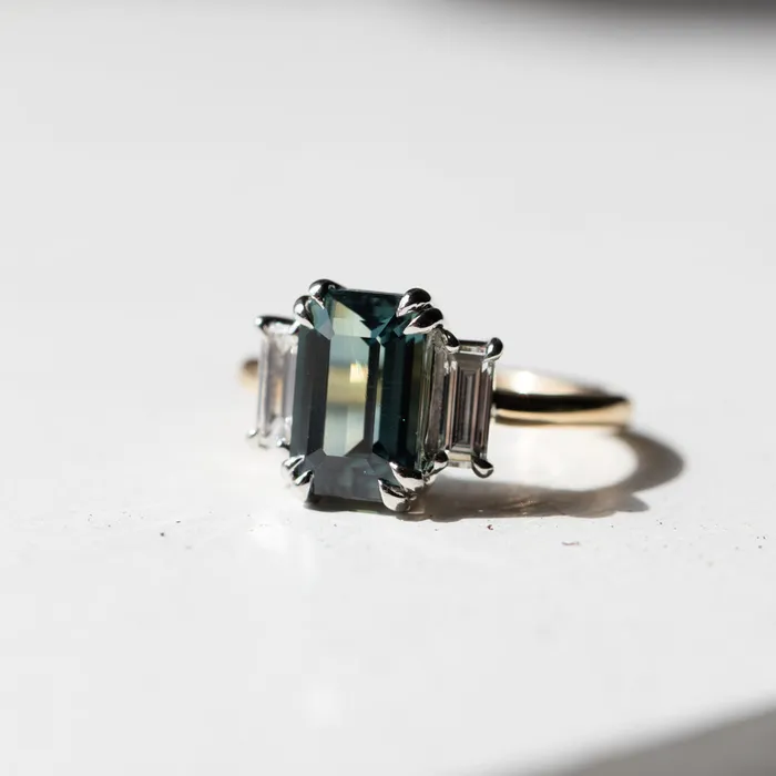 Rings 305ct Teal Emerald Cut Sapphire Three Stone Ring with Baguette Diamonds in Platinum 18k Yellow Gold Anueva Jewelry