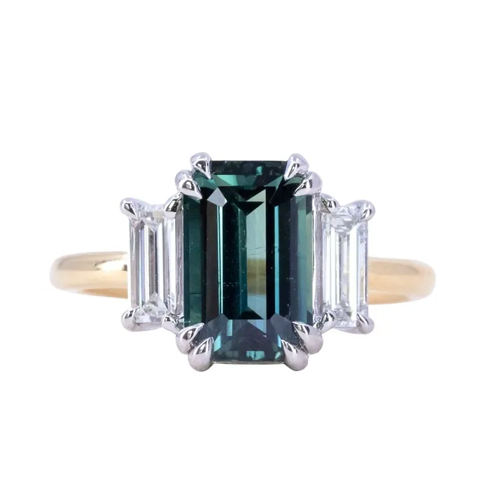 Rings 305ct Teal Emerald Cut Sapphire Three Stone Ring with Baguette Diamonds in Platinum 18k Yellow Gold Anueva Jewelry