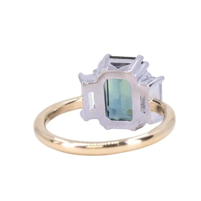 Rings 305ct Teal Emerald Cut Sapphire Three Stone Ring with Baguette Diamonds in Platinum 18k Yellow Gold Anueva Jewelry