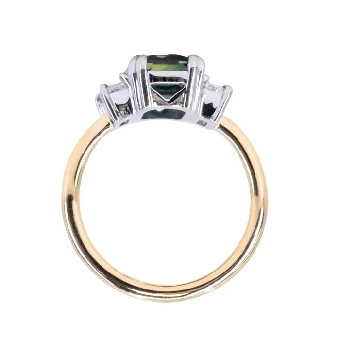 Rings 305ct Teal Emerald Cut Sapphire Three Stone Ring with Baguette Diamonds in Platinum 18k Yellow Gold Anueva Jewelry