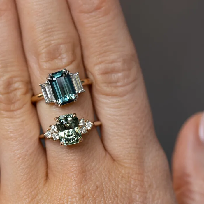 Rings 305ct Teal Emerald Cut Sapphire Three Stone Ring with Baguette Diamonds in Platinum 18k Yellow Gold Anueva Jewelry