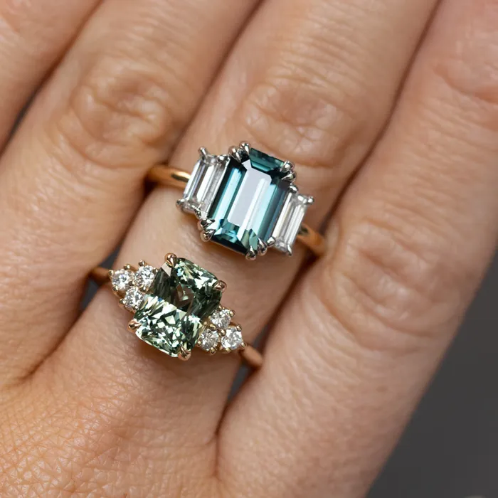 Rings 305ct Teal Emerald Cut Sapphire Three Stone Ring with Baguette Diamonds in Platinum 18k Yellow Gold Anueva Jewelry