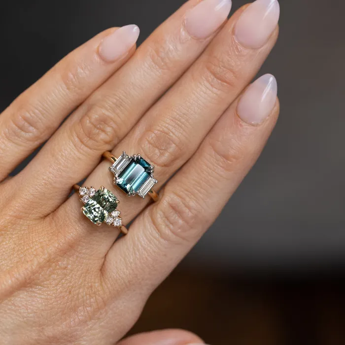 Rings 305ct Teal Emerald Cut Sapphire Three Stone Ring with Baguette Diamonds in Platinum 18k Yellow Gold Anueva Jewelry