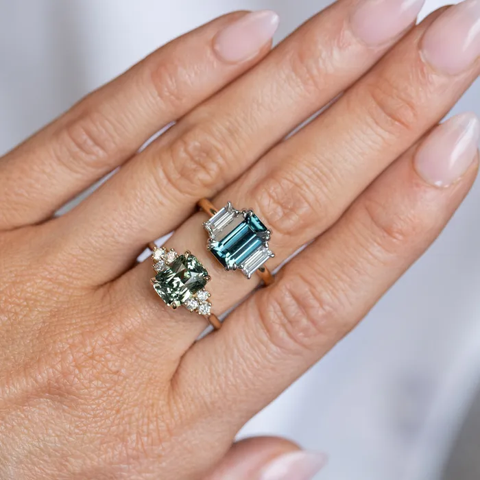Rings 305ct Teal Emerald Cut Sapphire Three Stone Ring with Baguette Diamonds in Platinum 18k Yellow Gold Anueva Jewelry