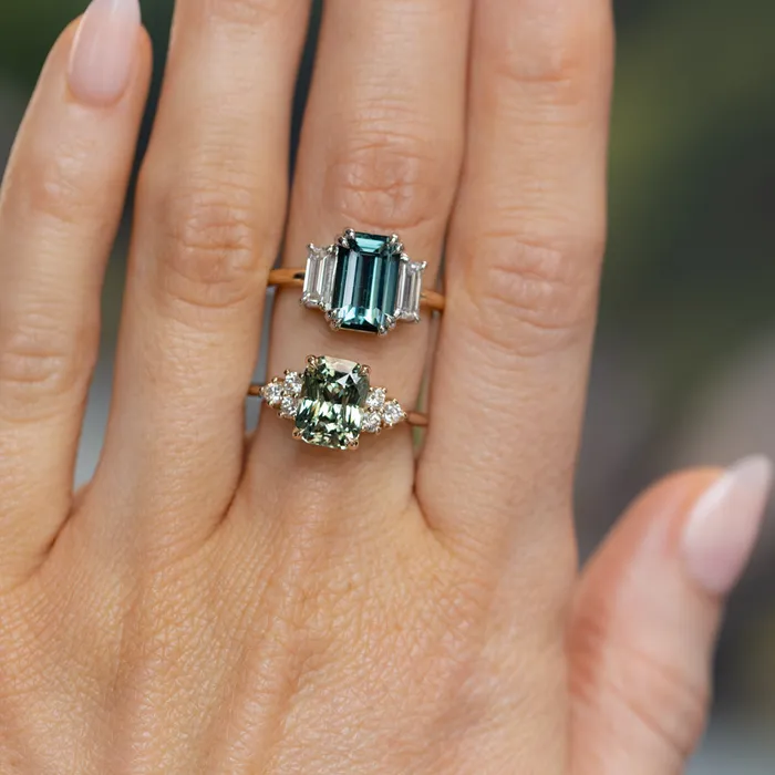 Rings 305ct Teal Emerald Cut Sapphire Three Stone Ring with Baguette Diamonds in Platinum 18k Yellow Gold Anueva Jewelry