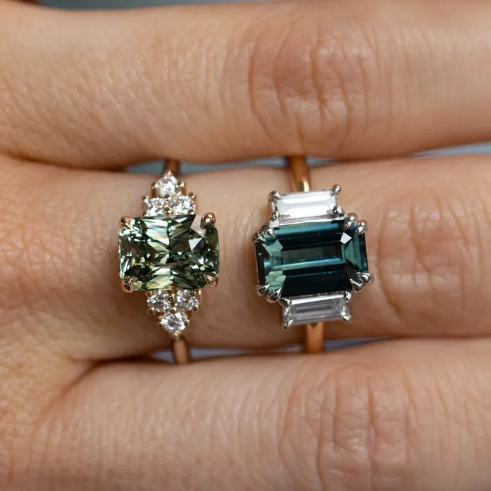 Rings 305ct Teal Emerald Cut Sapphire Three Stone Ring with Baguette Diamonds in Platinum 18k Yellow Gold Anueva Jewelry