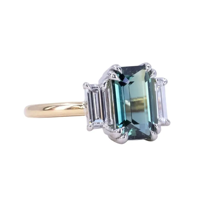 Rings 305ct Teal Emerald Cut Sapphire Three Stone Ring with Baguette Diamonds in Platinum 18k Yellow Gold Anueva Jewelry