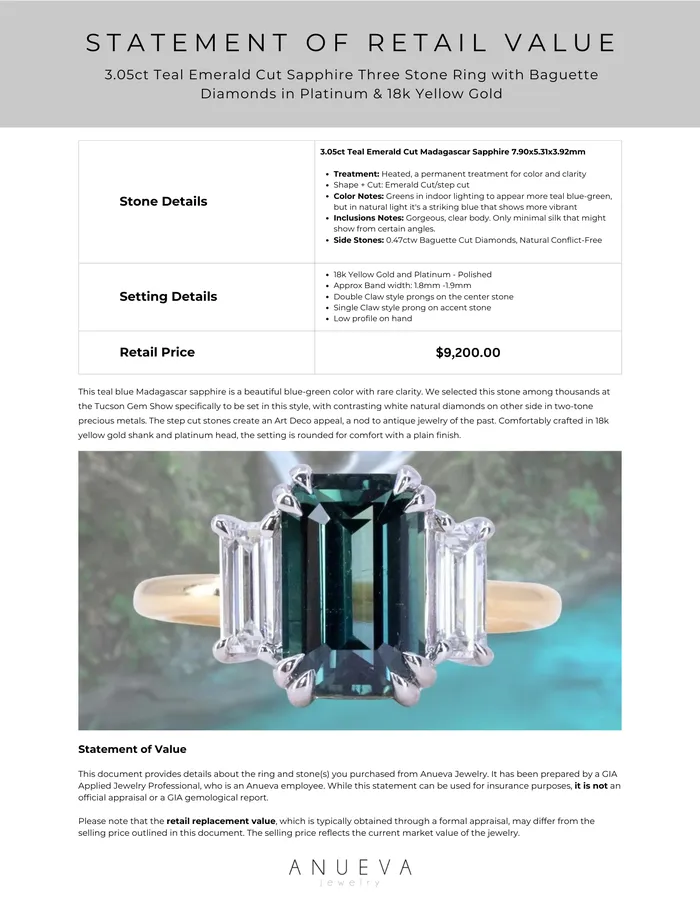 Rings 305ct Teal Emerald Cut Sapphire Three Stone Ring with Baguette Diamonds in Platinum 18k Yellow Gold Anueva Jewelry