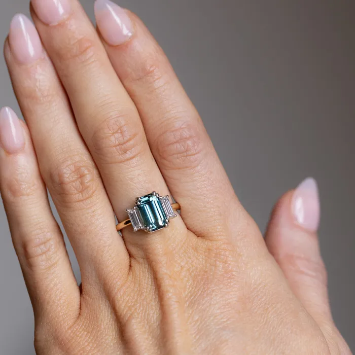 Rings 305ct Teal Emerald Cut Sapphire Three Stone Ring with Baguette Diamonds in Platinum 18k Yellow Gold Anueva Jewelry