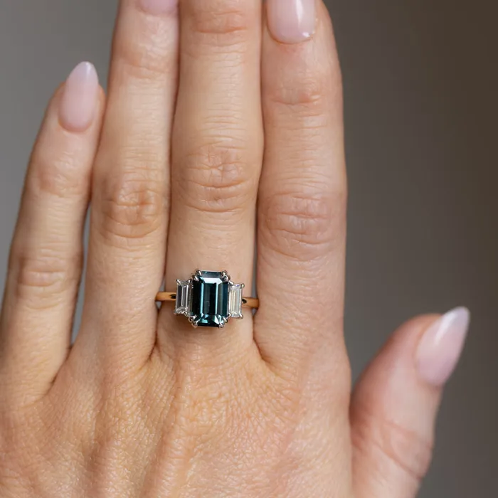 Rings 305ct Teal Emerald Cut Sapphire Three Stone Ring with Baguette Diamonds in Platinum 18k Yellow Gold Anueva Jewelry