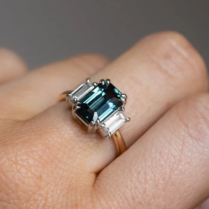 Rings 305ct Teal Emerald Cut Sapphire Three Stone Ring with Baguette Diamonds in Platinum 18k Yellow Gold Anueva Jewelry