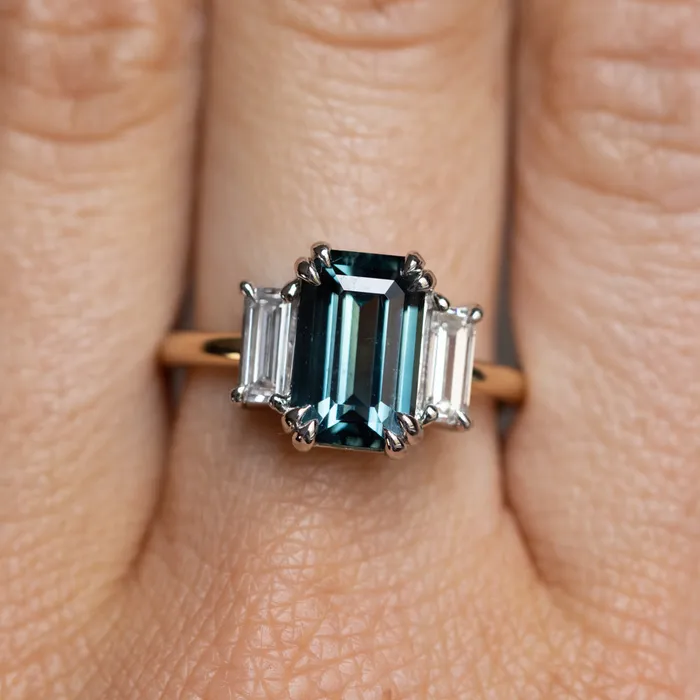 Rings 305ct Teal Emerald Cut Sapphire Three Stone Ring with Baguette Diamonds in Platinum 18k Yellow Gold Anueva Jewelry