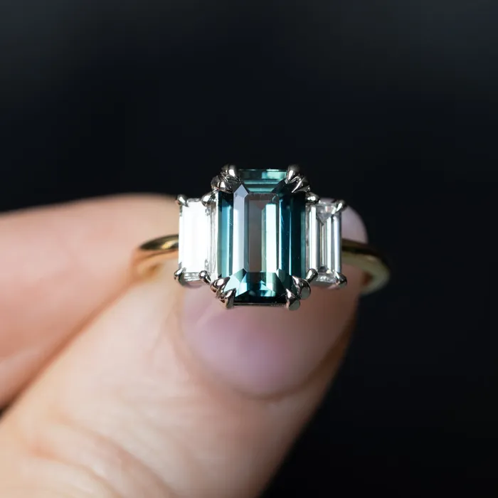 Rings 305ct Teal Emerald Cut Sapphire Three Stone Ring with Baguette Diamonds in Platinum 18k Yellow Gold Anueva Jewelry