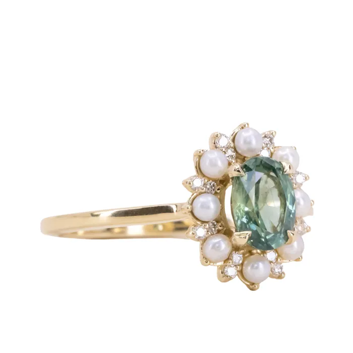 Rings Anueva Jewelry 097ct Oval Teal Montana Sapphire Low Profile Diamond and Pearl Halo Ring in 14k Yellow Gold