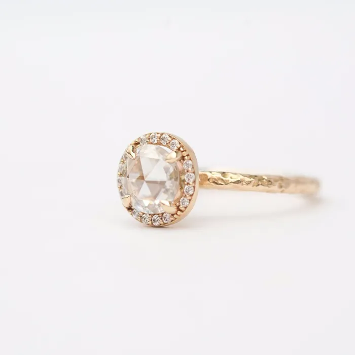 Rosecut Moissanite in Yellow Gold Diamond Halo Hand Carved Eclectic Band and Antiqueinspired setting Rosecut Engagement Ring by Anueva Jewelry Anueva Jewelry Rings