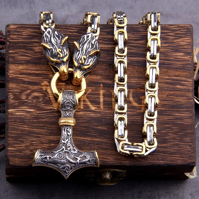 AE Necklaces Gold Trimmed Kings Chain Necklace With Wolves Holding Thors Hammer Pendant