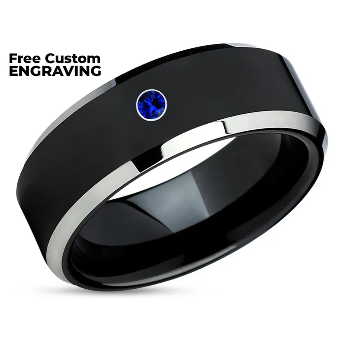 Clean Casting Jewelry Black Wedding Ring Tungsten Wedding Ring Blue Sapphire Ring Black Ring Anniversary Rings