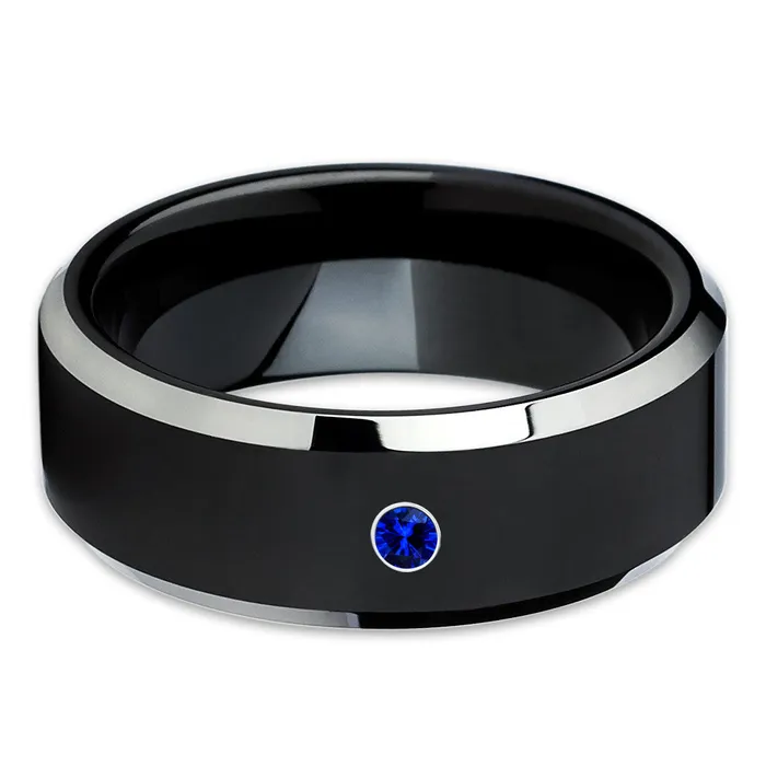Clean Casting Jewelry Black Wedding Ring Tungsten Wedding Ring Blue Sapphire Ring Black Ring Anniversary Rings