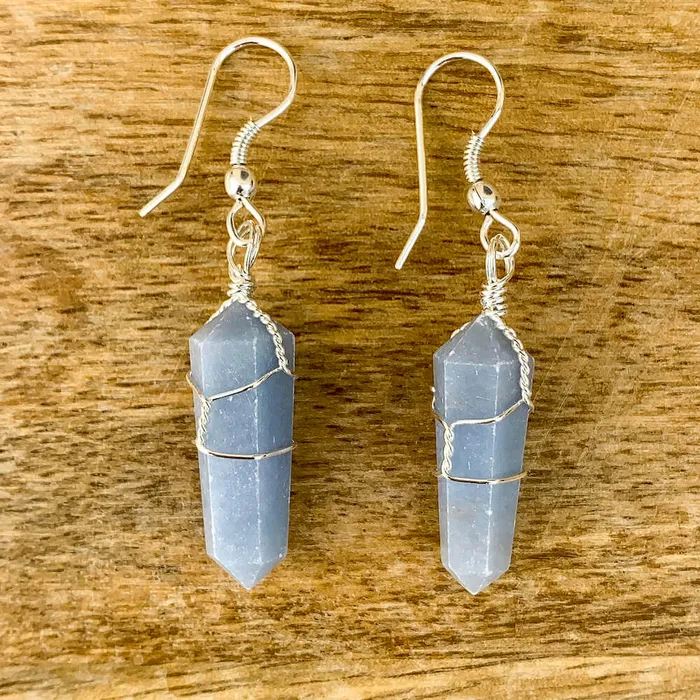 Earrings Blue Angelite Stone Wired Wrap Crystal Double Point Earrings Magic Crystals