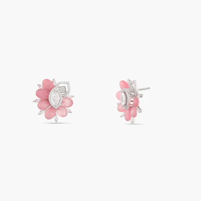 Earrings SILVER Garden Blooms Pink beads and CZ Stud Earrings