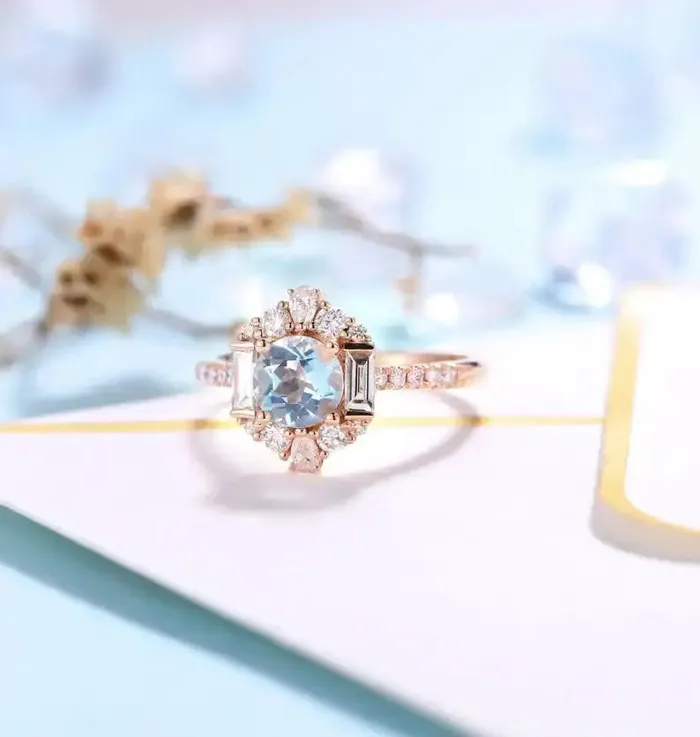 Rings Luxus Moissanite Silver or Gold Moissanite Accents Birthstone Aquamarine Engagement Ring